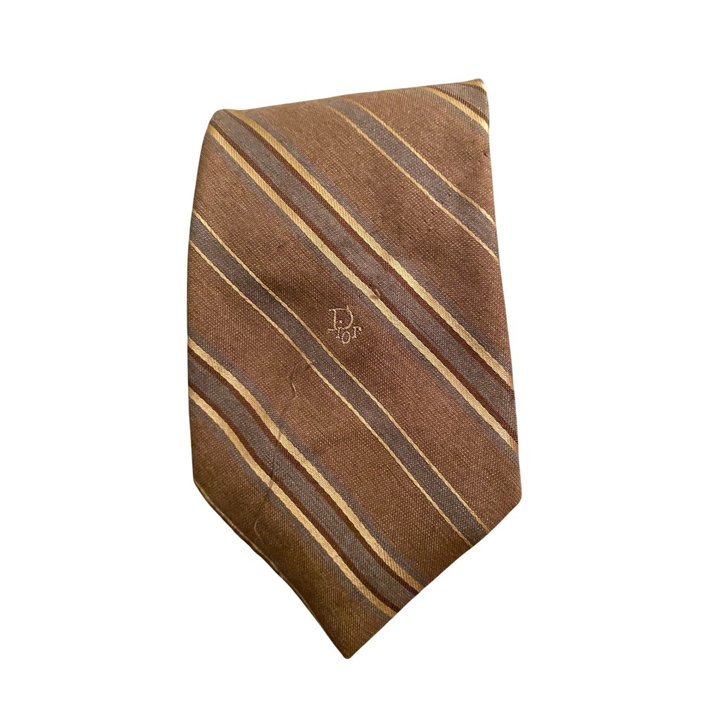 Christian Dior Monsieur Vintage Silk Tie Brown Blue Striped Paris New York 2353